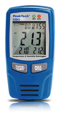 Peaktech datalogger voor simultaan RH, luchttemperatuur en 2x k-type